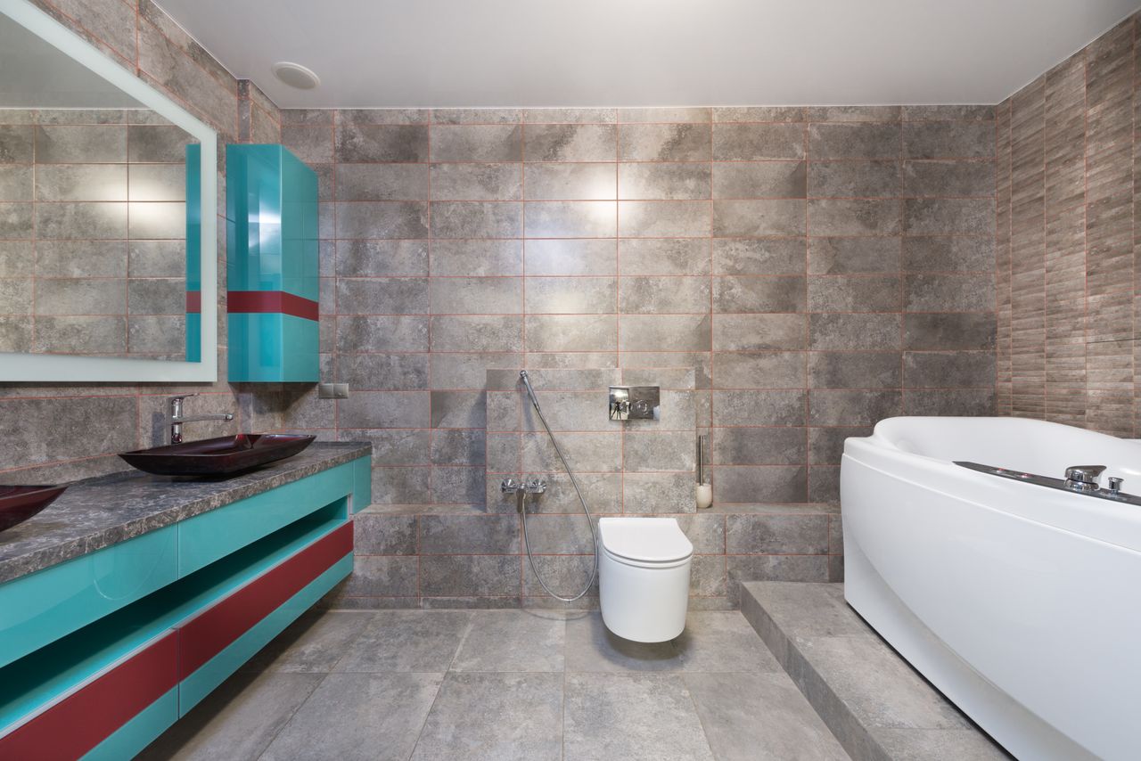 Home Interior of contemporary bathroom with modern toilet and bathtub with mirror hanging above sink